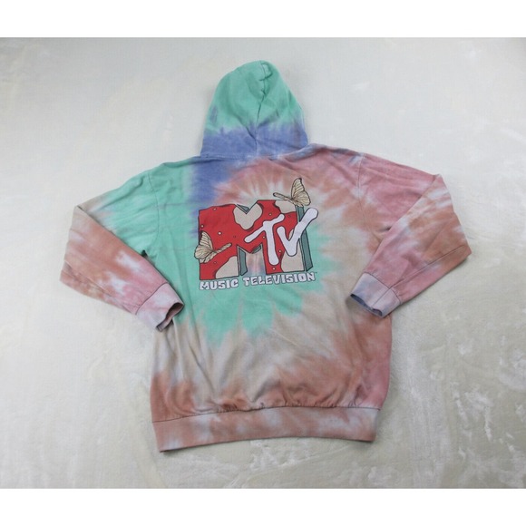 MTV Sweater‎ Mens Medium Pink Tie Dye Feel The Music Pullover Hooded Casual* - Picture 1 of 16
